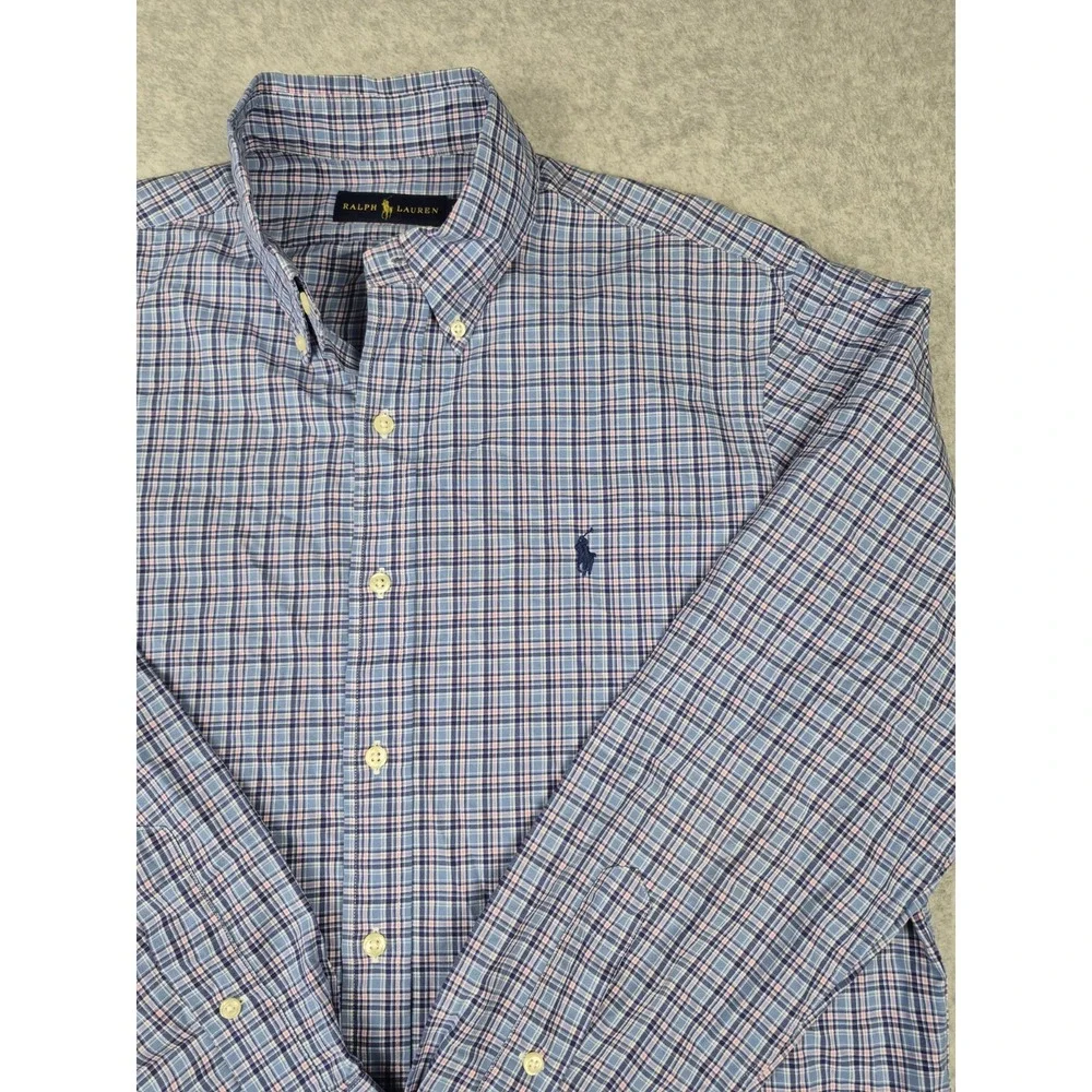 Ralph Lauren Men's Plaid Long Sleeve Shirt Size 16-32/33 Medium Blue Pink